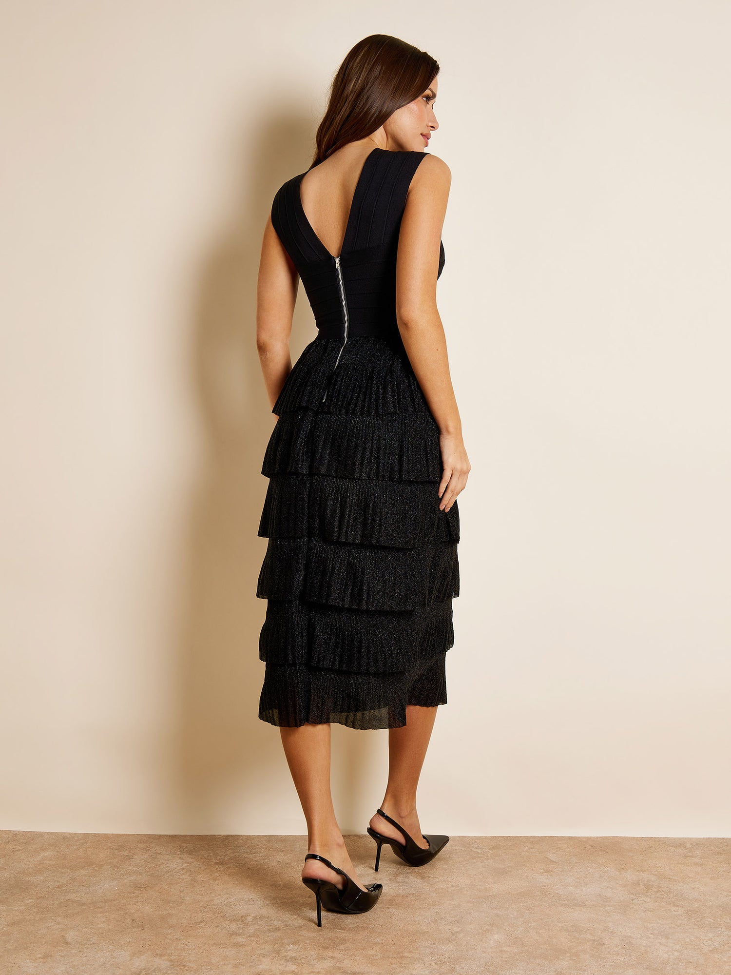 Jessica Metallic Jersey Tiered Black Midi Dress