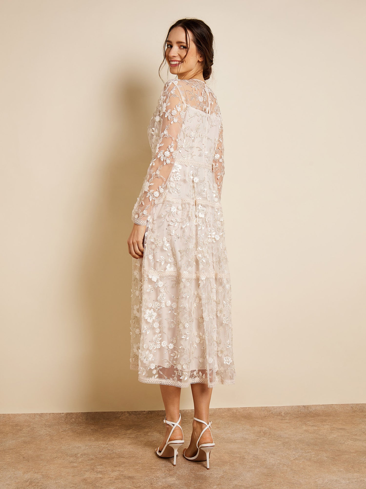 Sparkle Sandy Embroidered Mesh Long Sleeved Cream Midi Dress