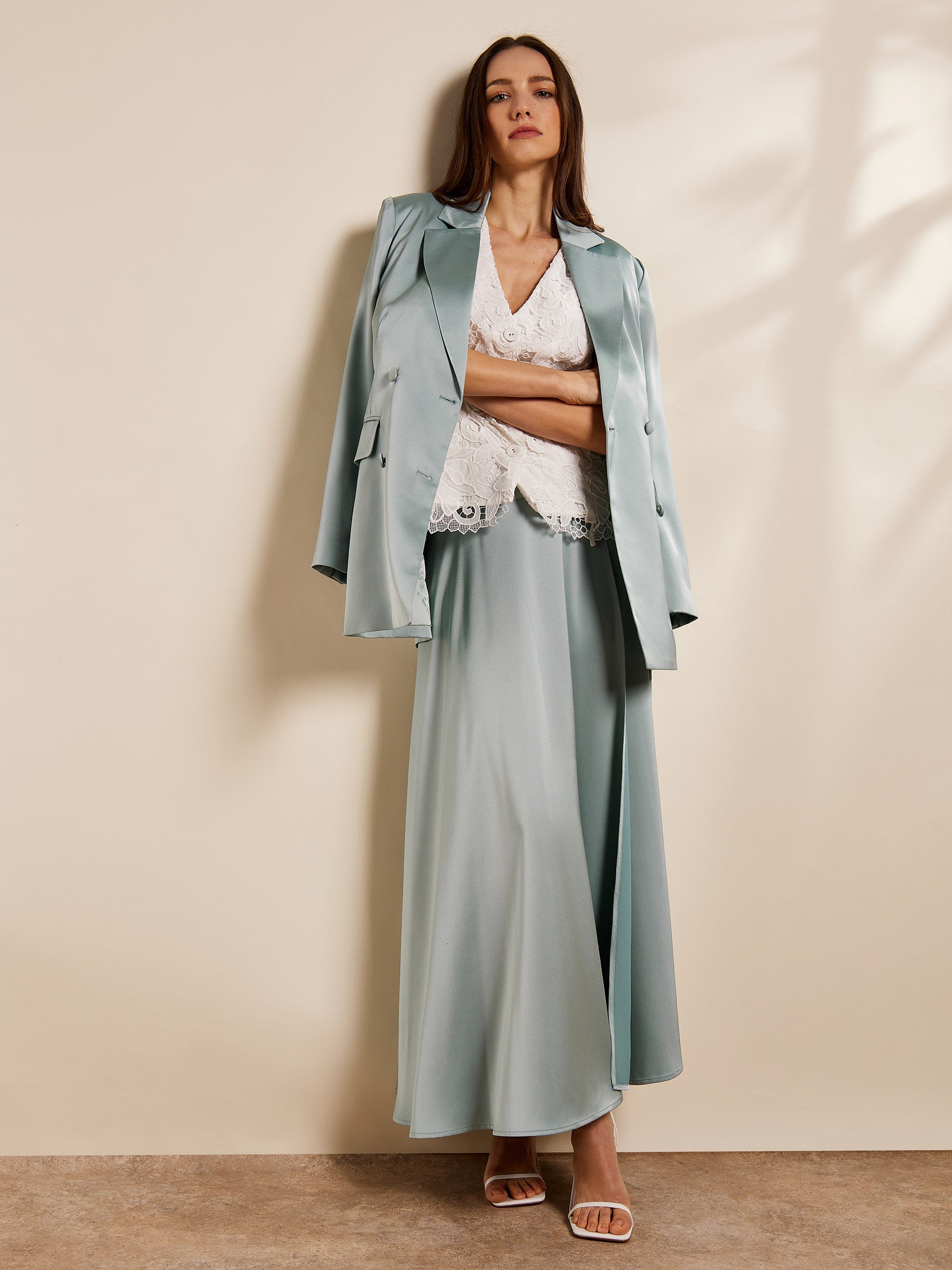 Polly Satin Blazer and Skirt Outfit