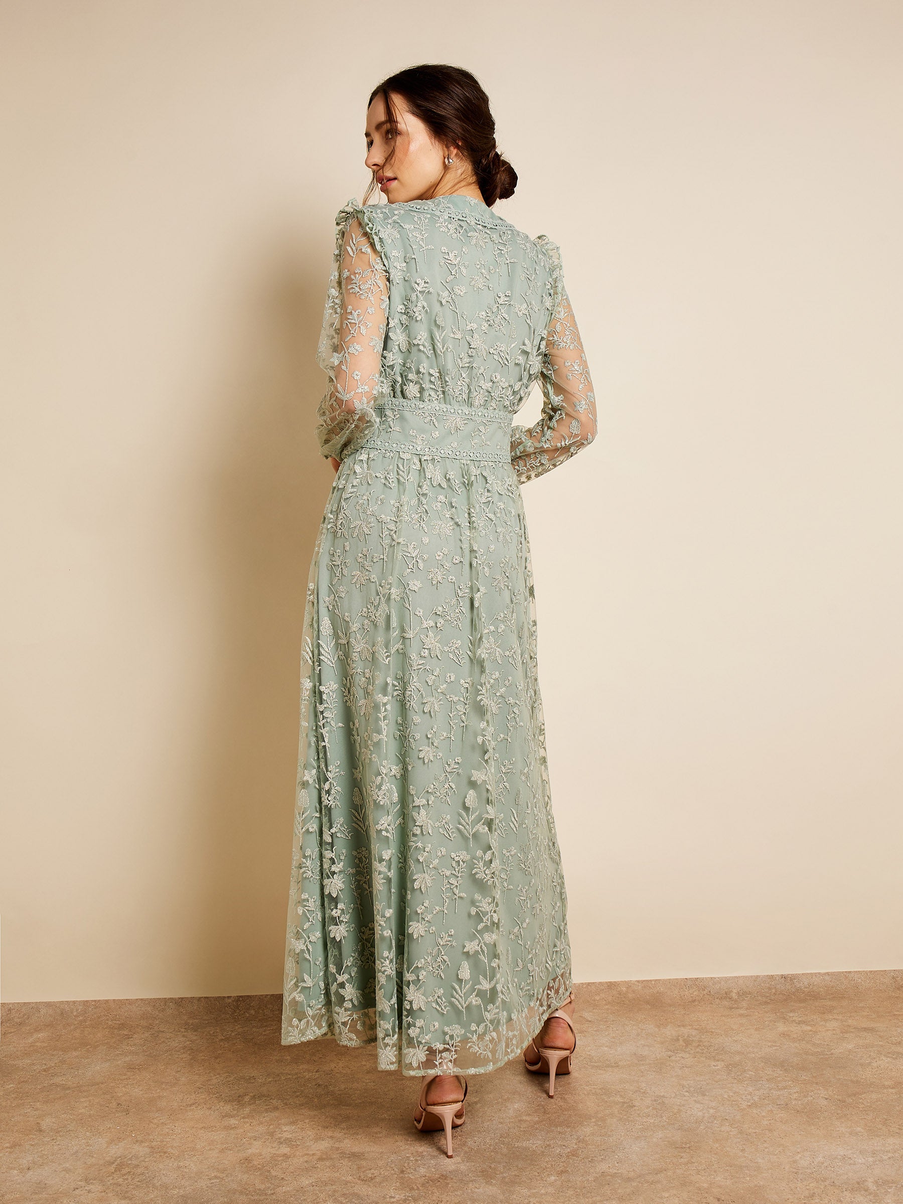 Alouise Embroidered Mesh Mint Green Maxi Dress