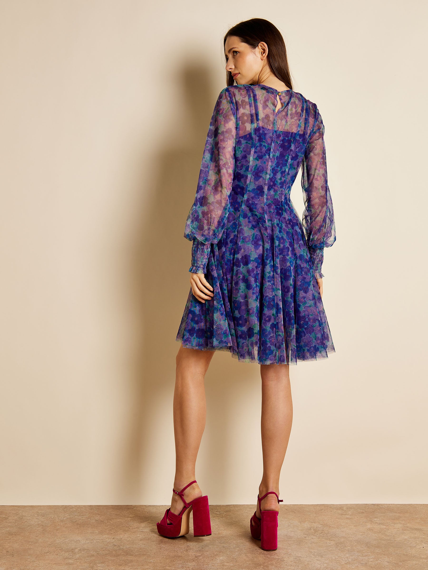 Ella Ashbee Floral Print Mesh Knee Length Dress