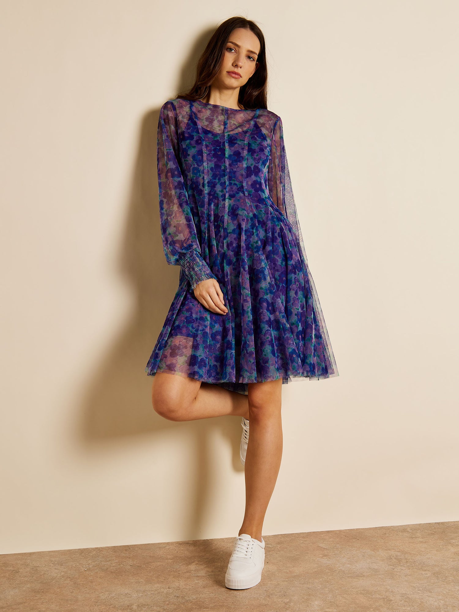 Ella Ashbee Floral Print Mesh Knee Length Dress