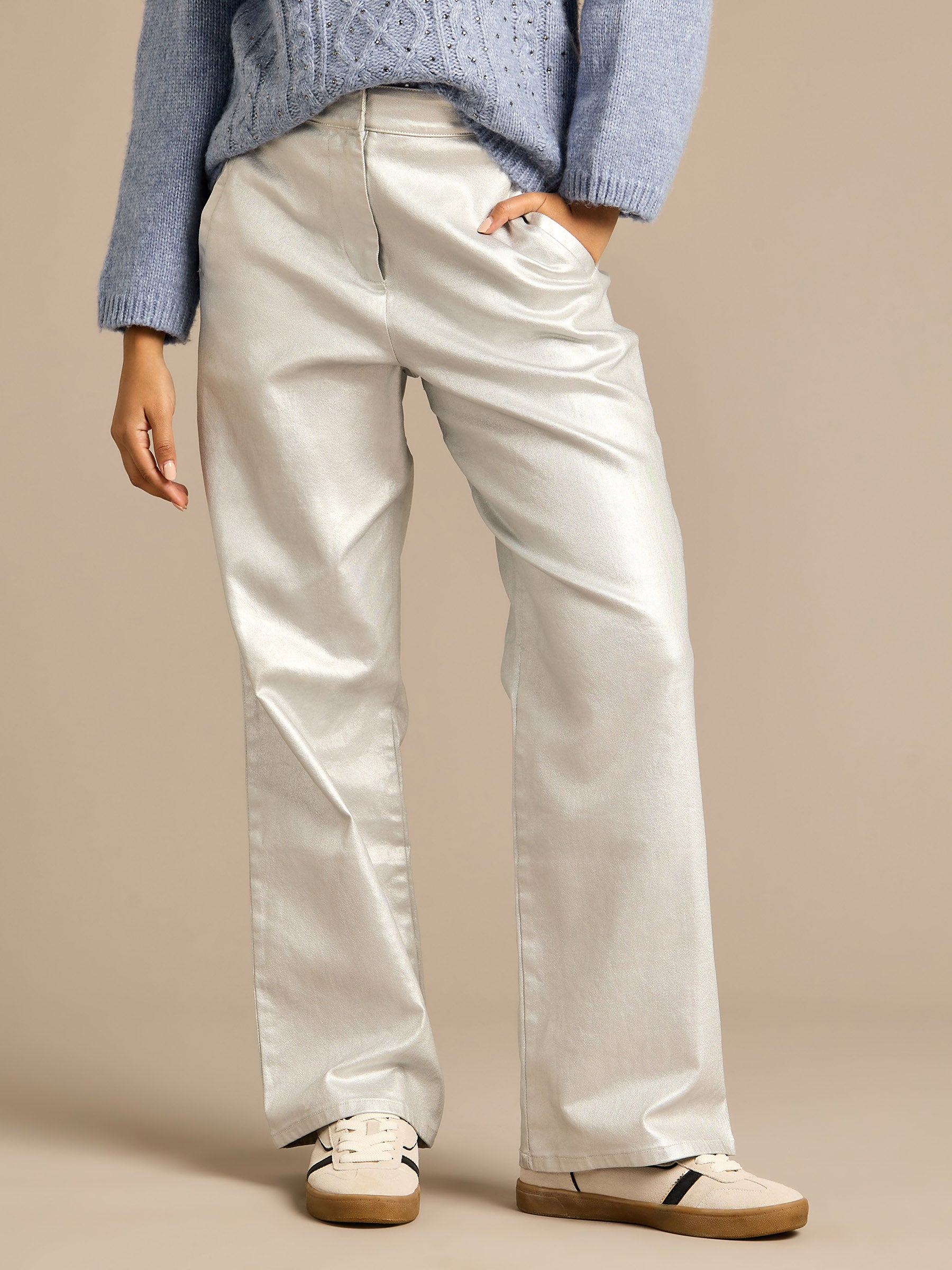 Jessy Silver Coated Denim Wide Leg Jean