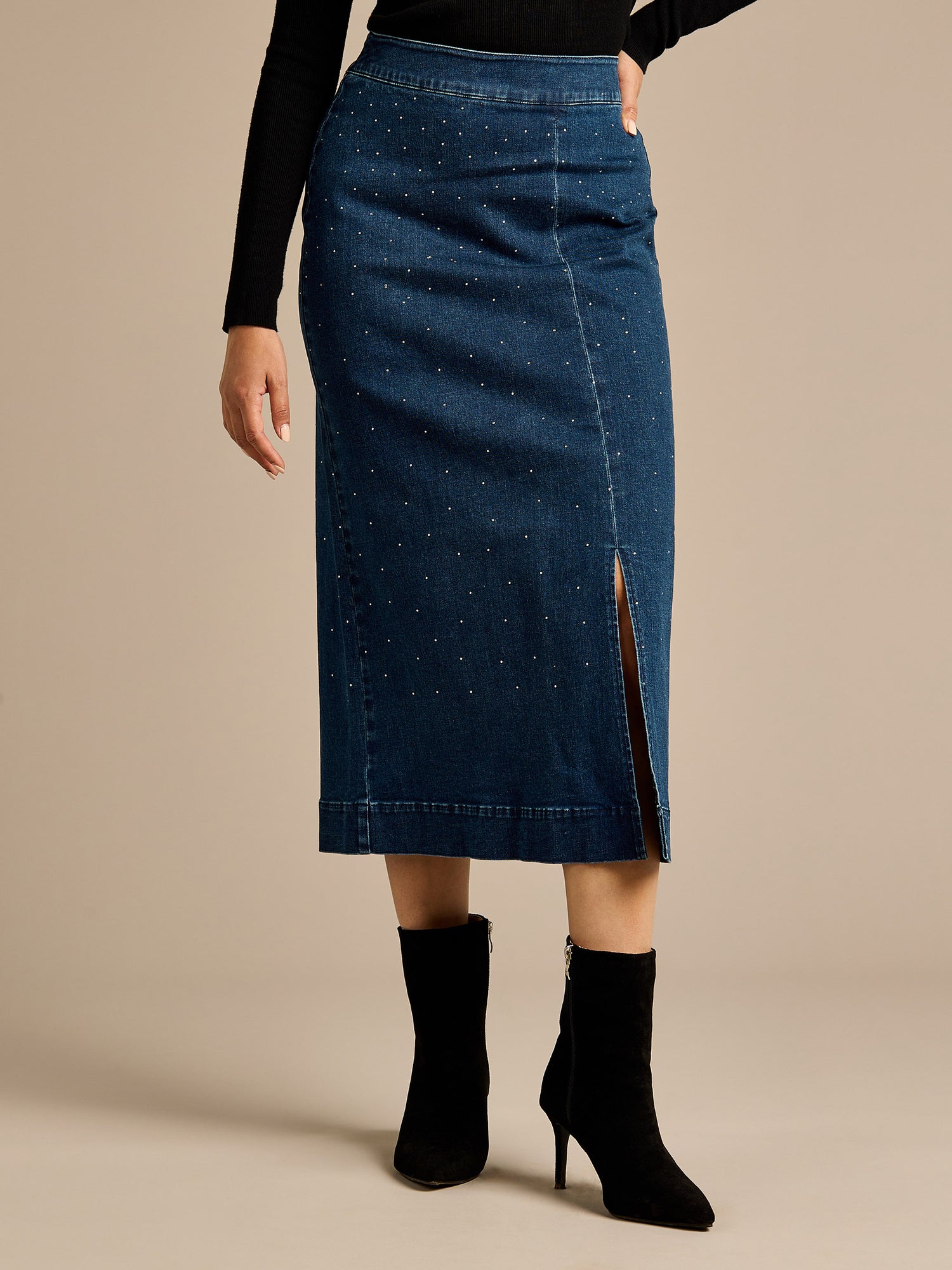 Crystal Indigo Denim Midi Skirt