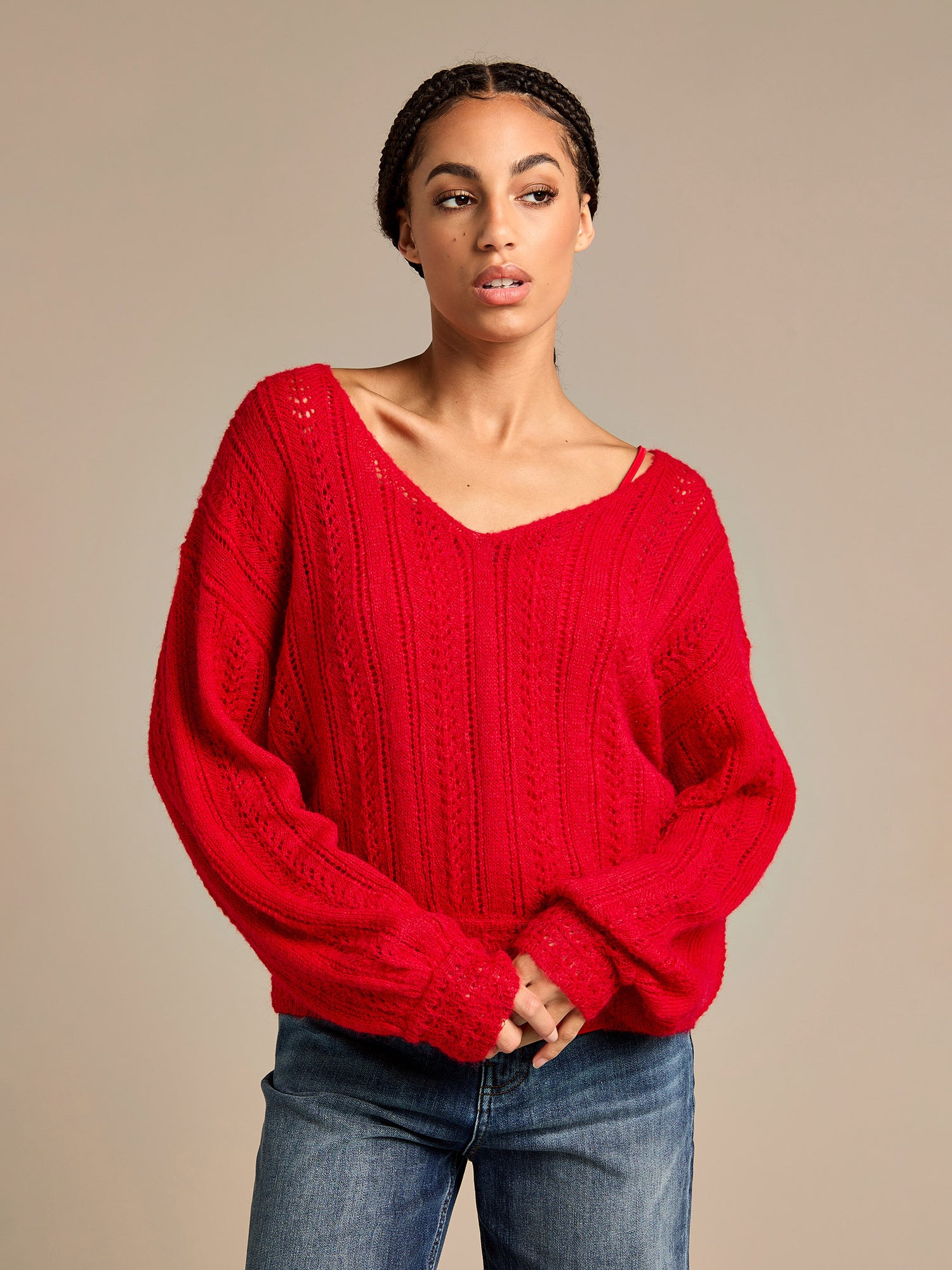 Arla-Bailey Red Knitted Top and Dixie Indigo Straight Leg Jean Outfit