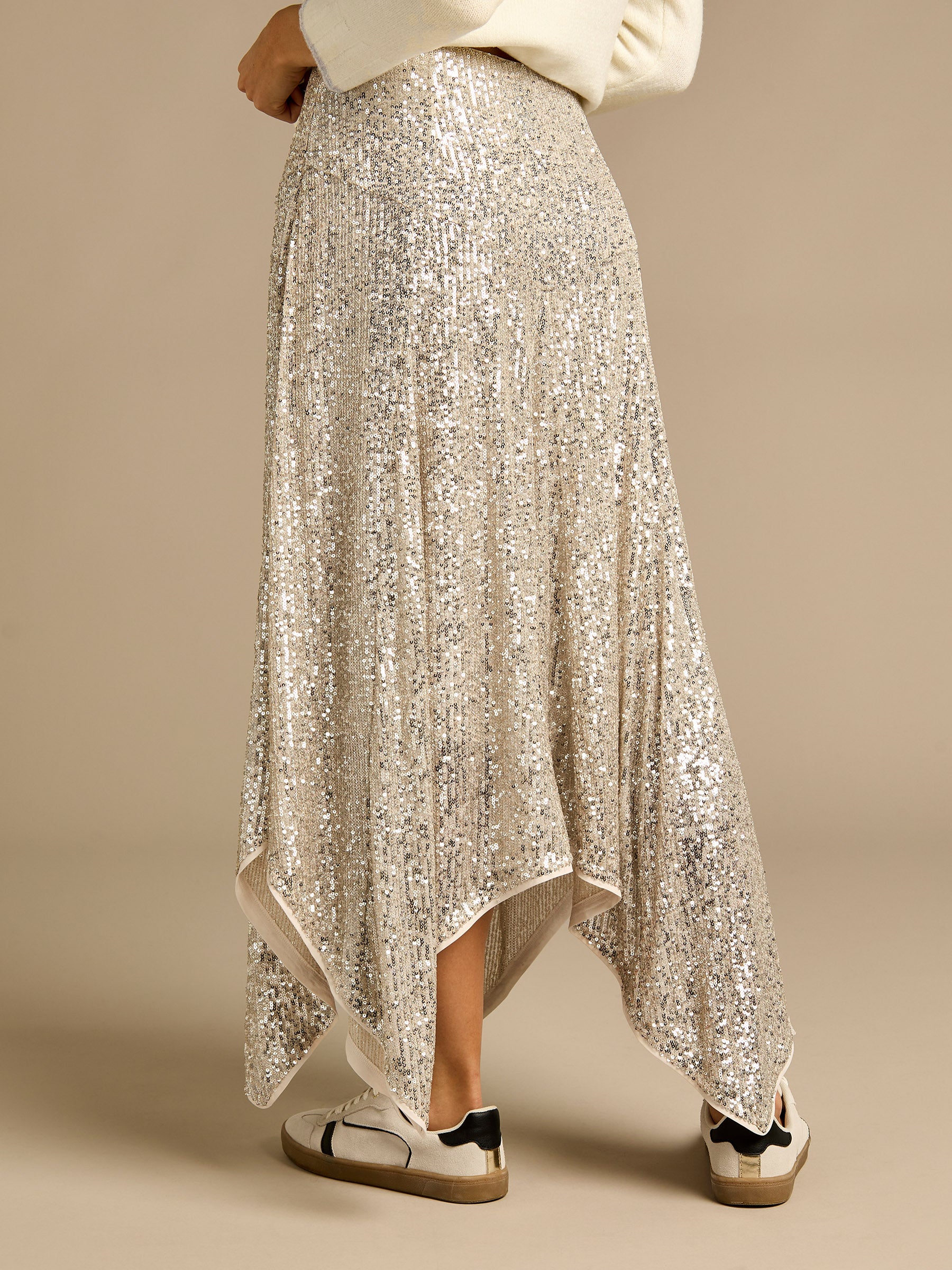 Jenna Silver Sequin Hanky Hem Skirt