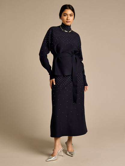 Sparkle Iris Knitted Navy Midi Skirt | GWD Fashion