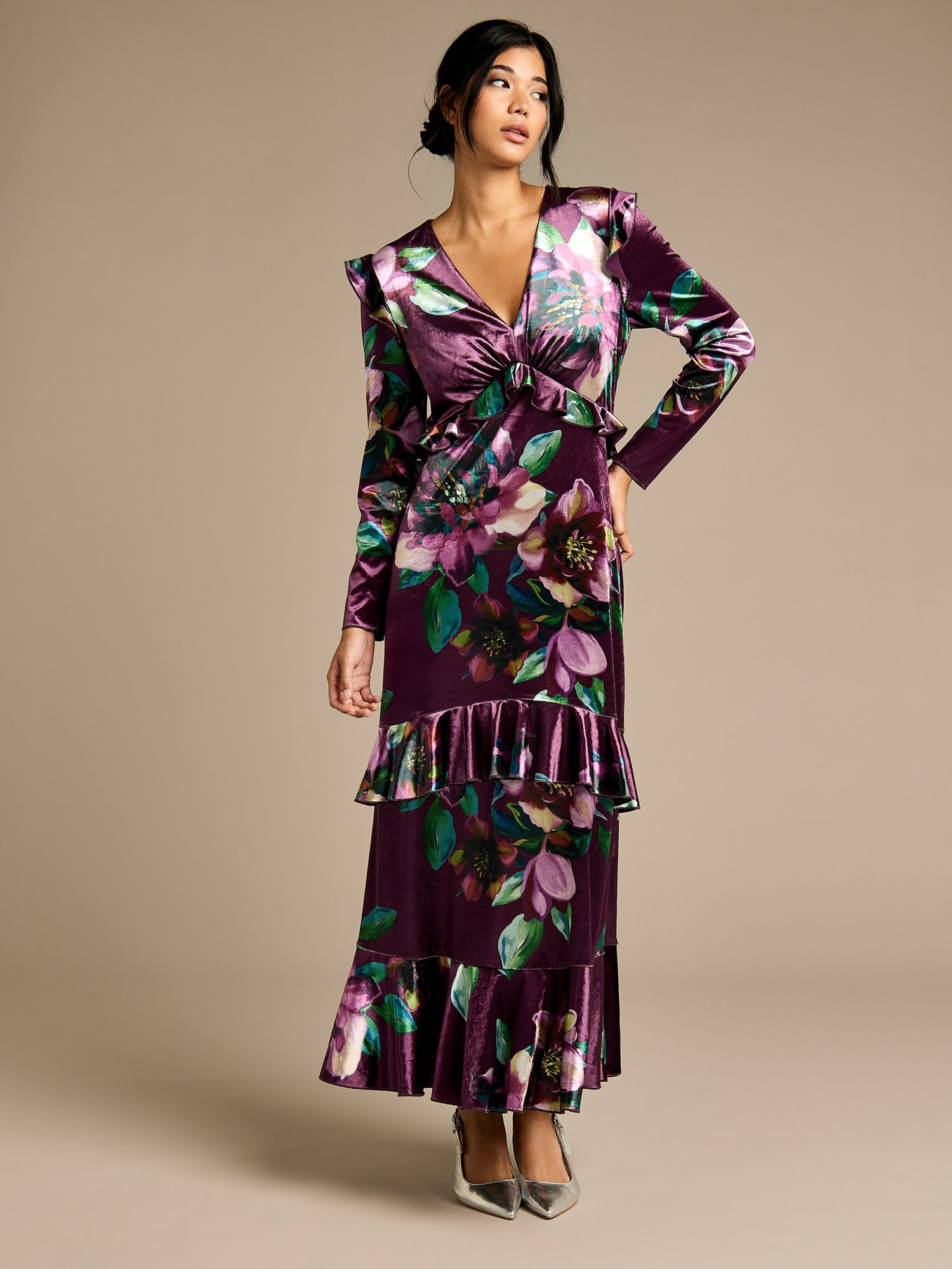 Odette Purple Floral Velvet Maxi Dress