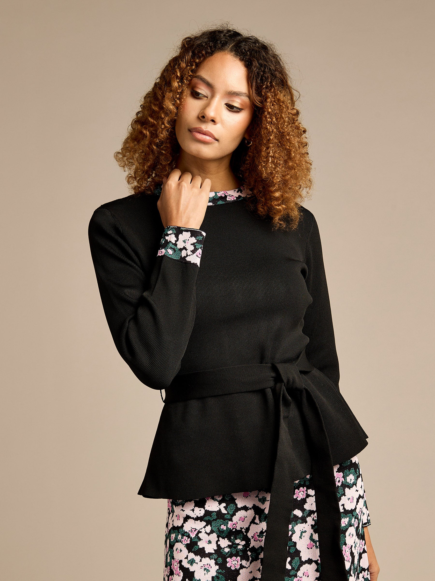 Henrietta Black Floral Trim Jacquard Top