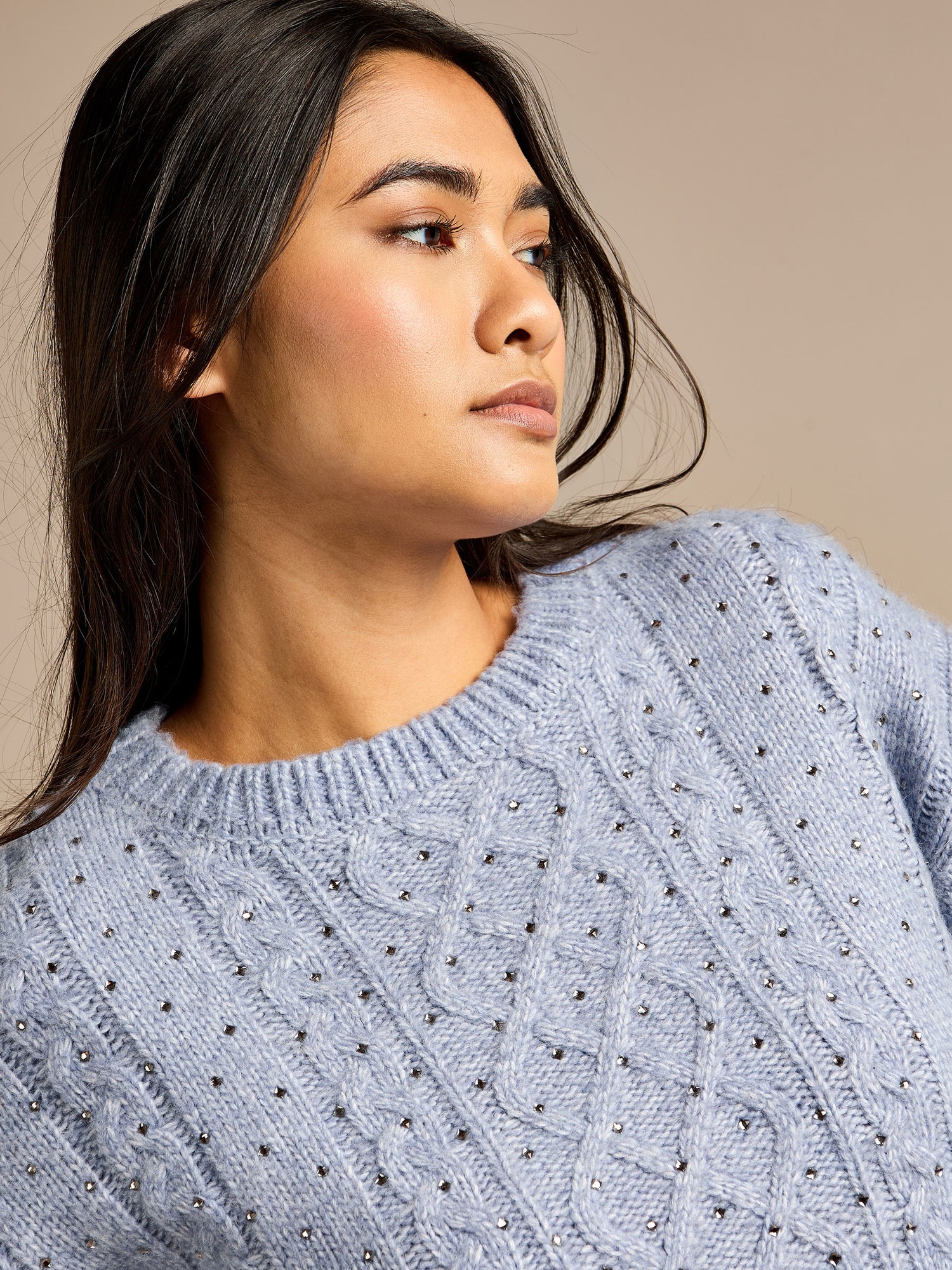 Jerica Blue Wool Cable Knit Diamanté Jumper