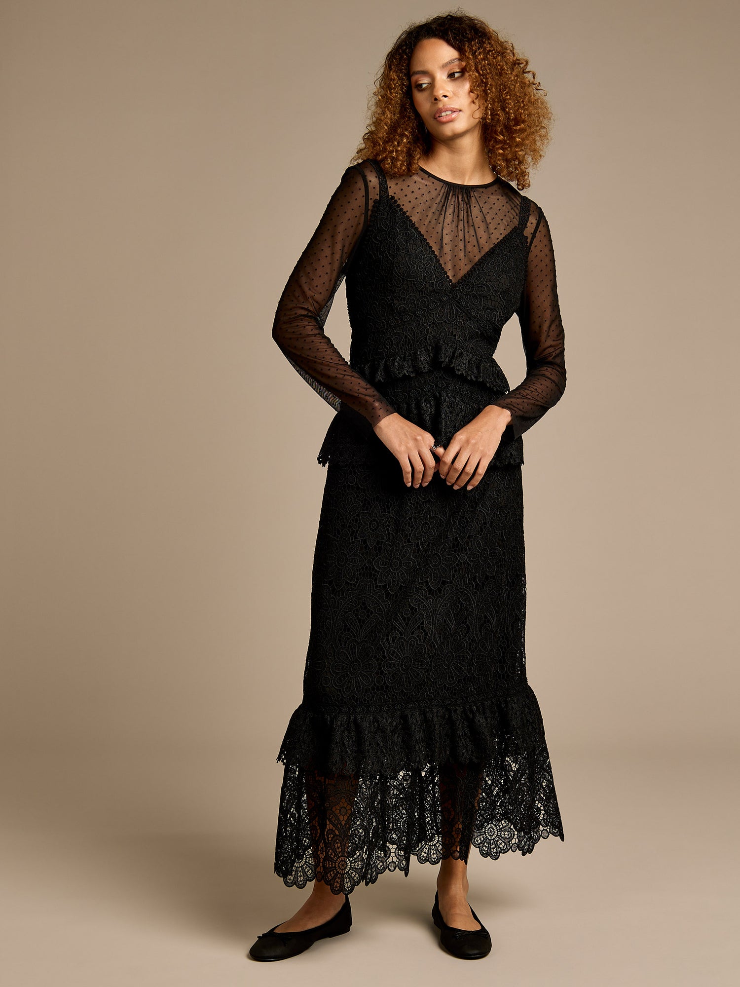 Cowley Black Lace and Dobby Mesh Maxi Dress