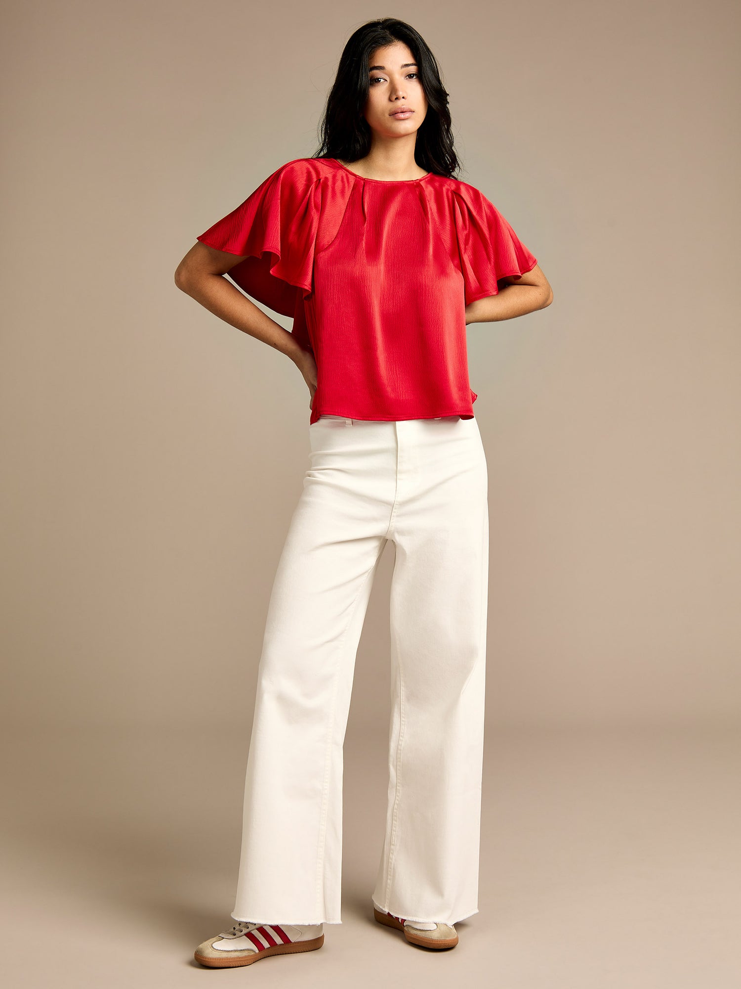 Barie Red Satin Top &amp; Dottie Wide Leg Jean Outfit