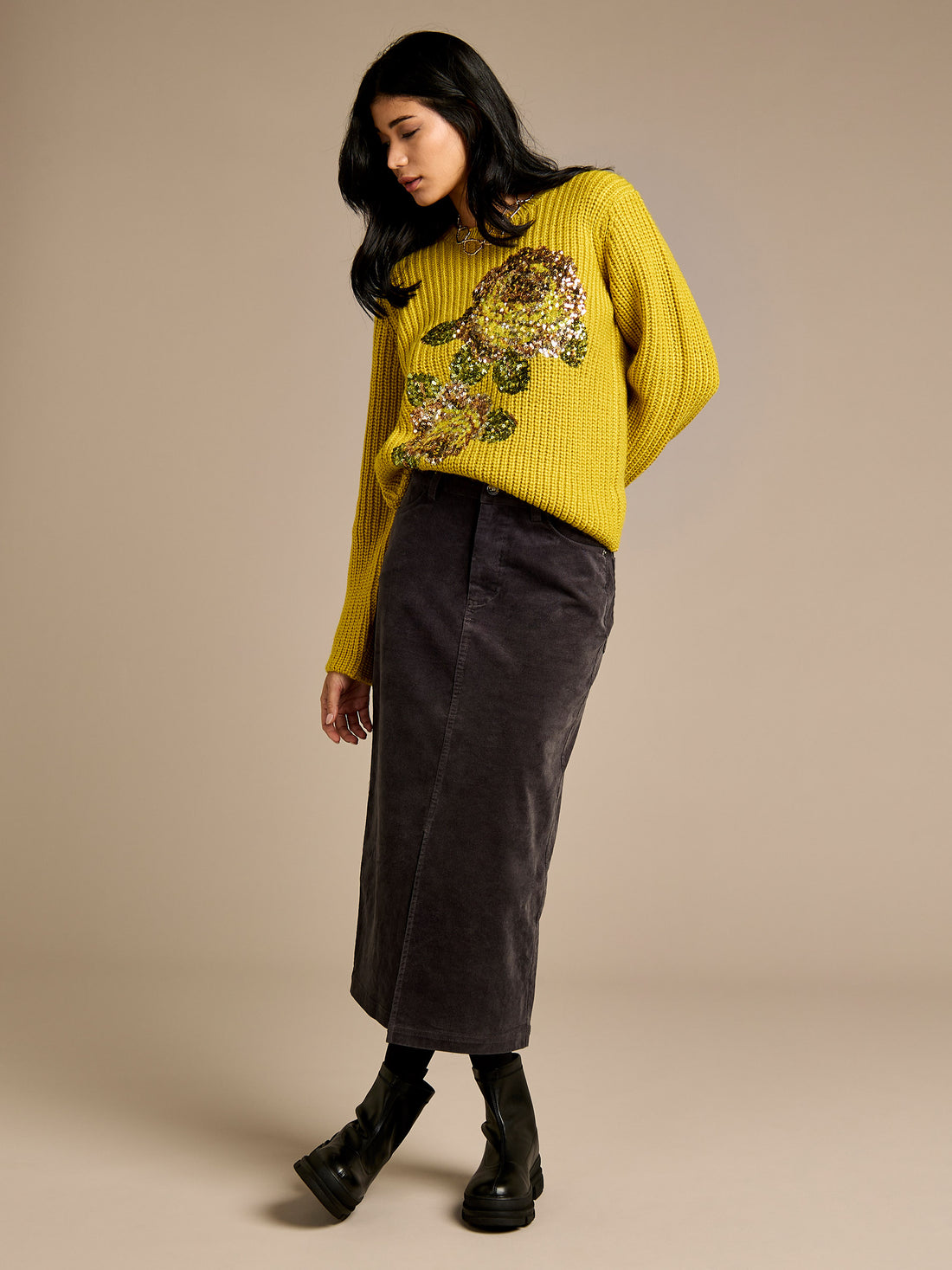 GWD Danica Charcoal Cord Midi Skirt