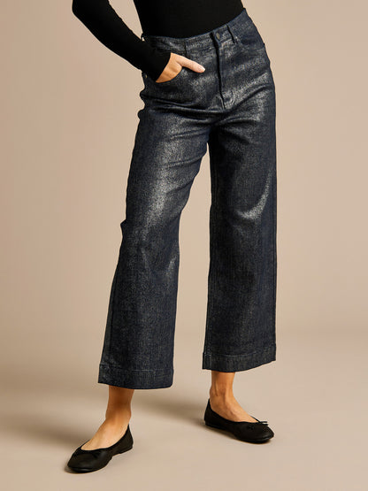 Rydal Indigo Silver Foil Printed Wide Leg Denim Jean