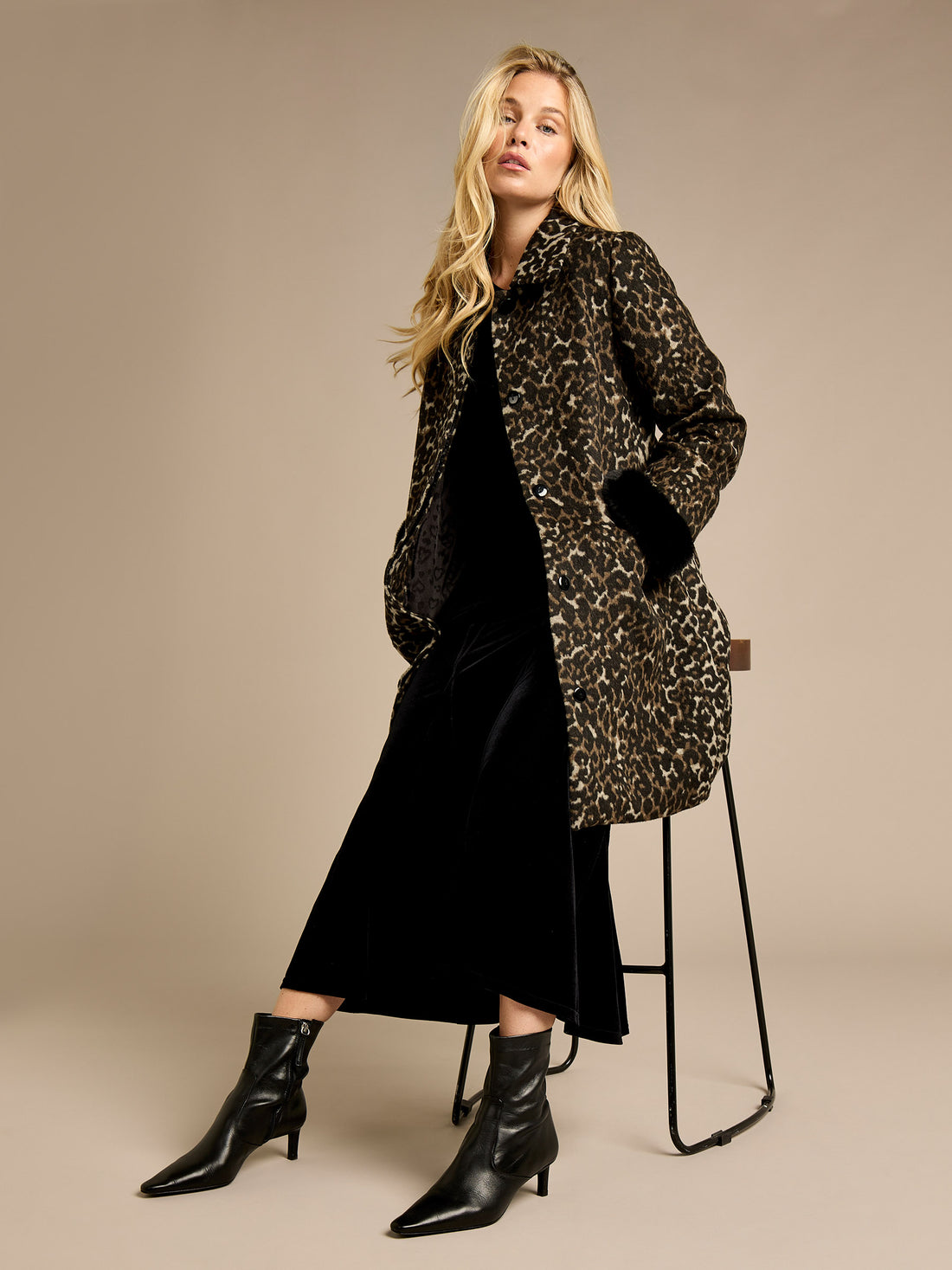 Megan Leopard Coat with Detachable Black Faux Fur Scarf and Cuffs | GWD Clothing