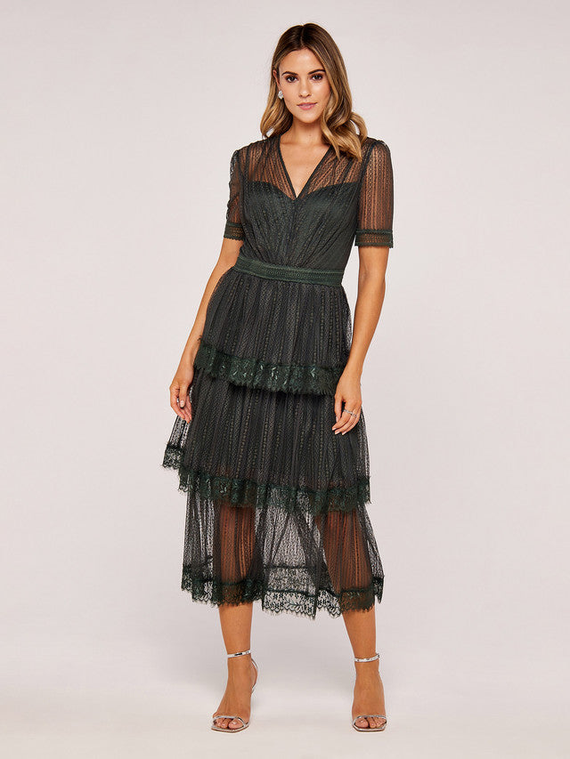 Ariella Green Maxi Lace V-Neck Tiered Dress