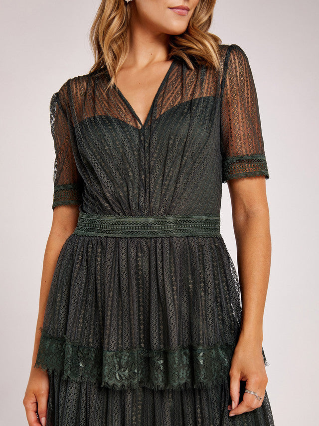 Ariella Green Maxi Lace V-Neck Tiered Dress