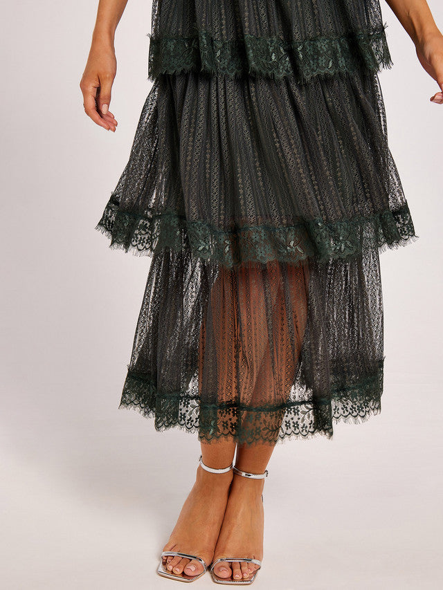 GWD Ariella Green Maxi Lace V-Neck Tiered Dress